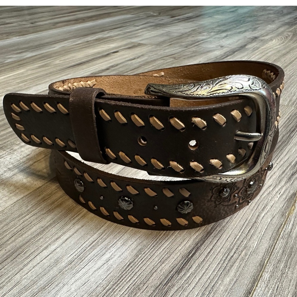 Women's Dark Brown Genuine Leather Whipstitch Western Belt Floral Studded XL